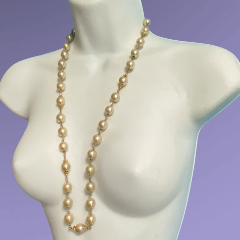 Glass Faux Pearl Bead Necklace Over-The-Head Gold Tone